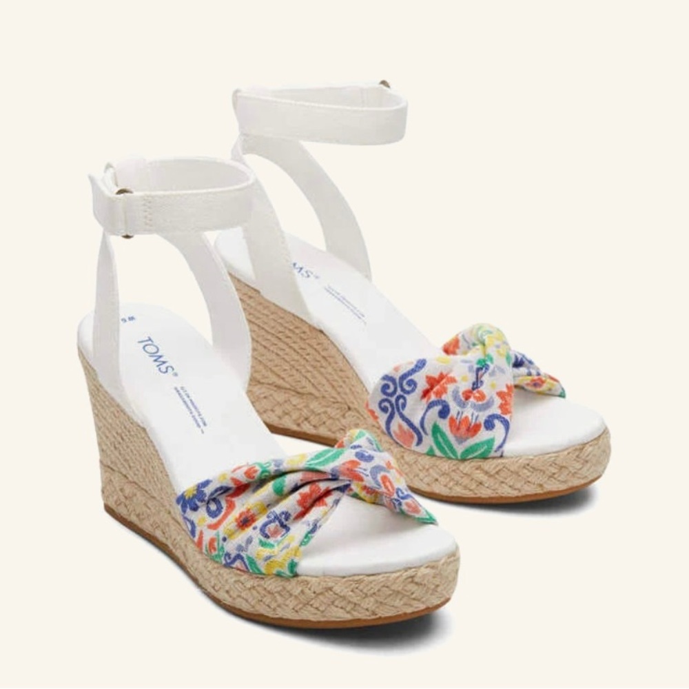 Toms White Floral Wedge Sandals